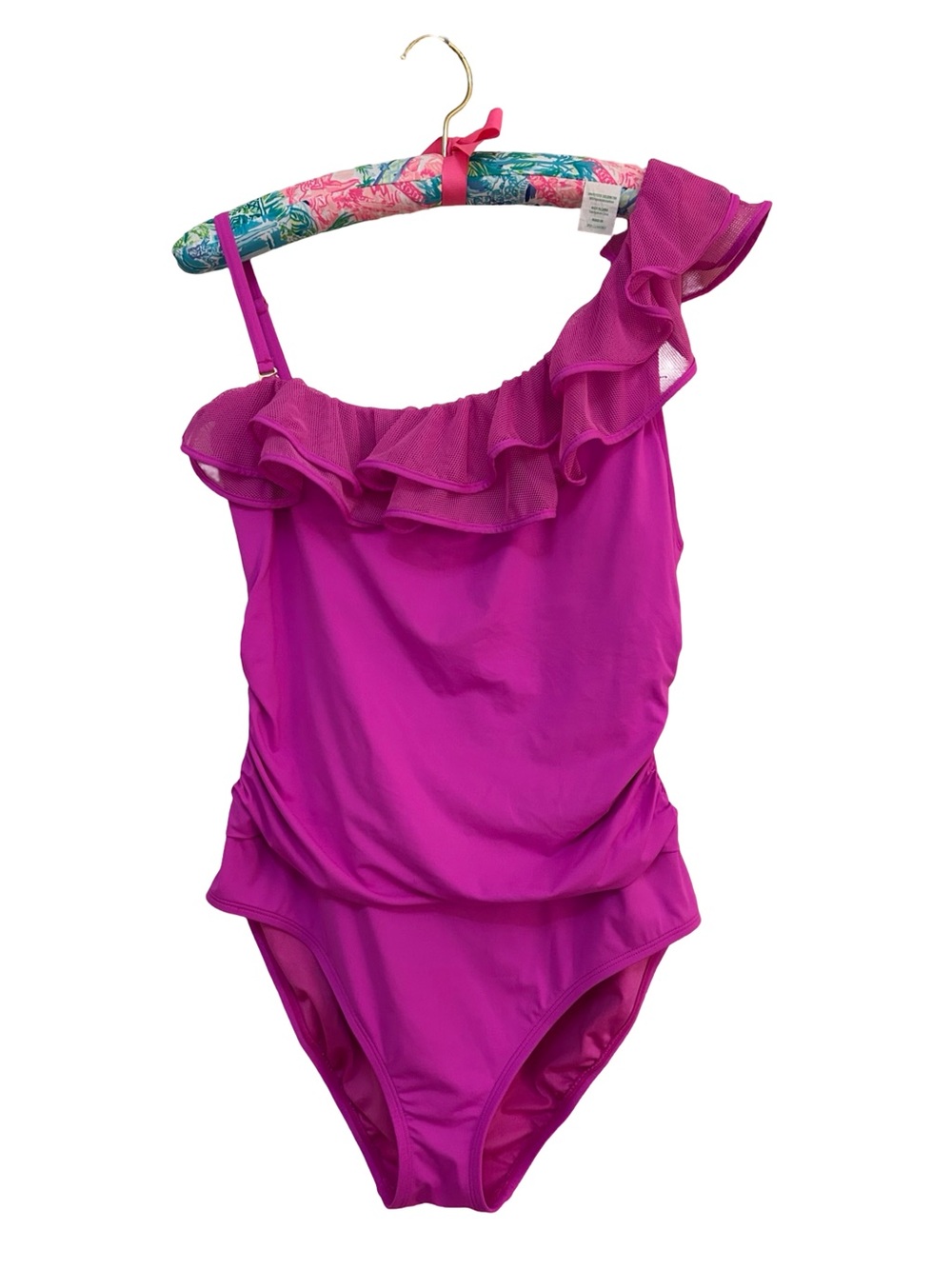 Women’s size 12 One-Shoulder Ruffle Tank One-Piece Swimsuit - Bright Pink